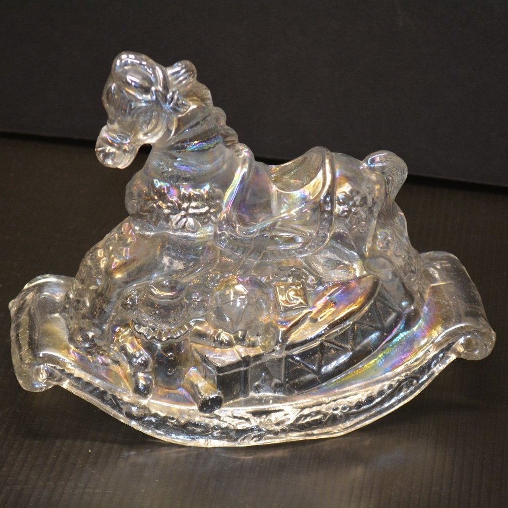 VTG Taiwan R.O.C. Iridescent Glass Christmas Toys Rocking Horse Candle Holder